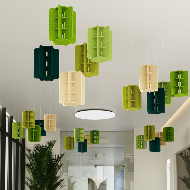 Deflettori per pannelli acustici dal design moderno, fonoassorbenti e rispettosi dell'ambiente, a forma di striscia di fibra di poliestere per uso in palestra Deflettori per pannelli acustici dal design moderno, fonoassorbenti e rispettosi dell'ambiente, a forma di striscia di fibra di poliestere per uso in palestra