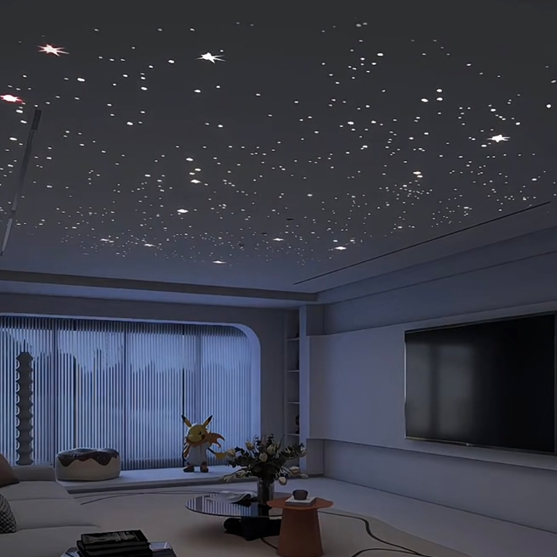 Design moderno modello 3D per hotel Soffitto teso acustico in fibra ottica colorata con telecomando Pannelli luminosi a stella ambientale